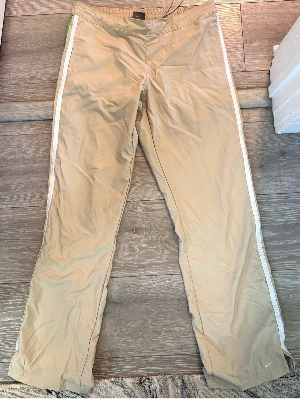 Nike Beige Track Pants with White and Green Side Stripes